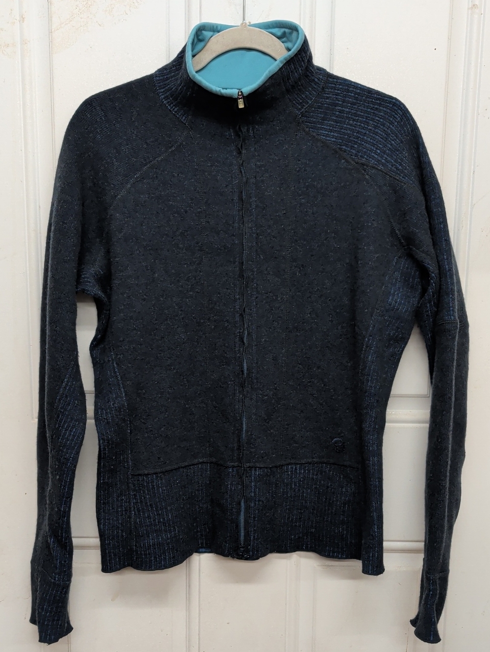 Mountain Hardwear Blue Full-Zip Wool Blend Sweater with Aqua Collar